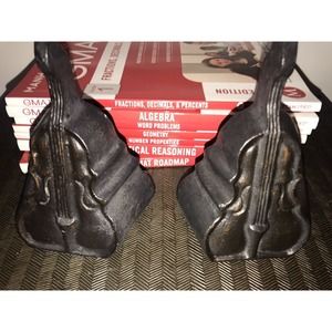 Set of 2 Heavy Bookends, Upright Bass Instrument, Decorative, Patina Finish